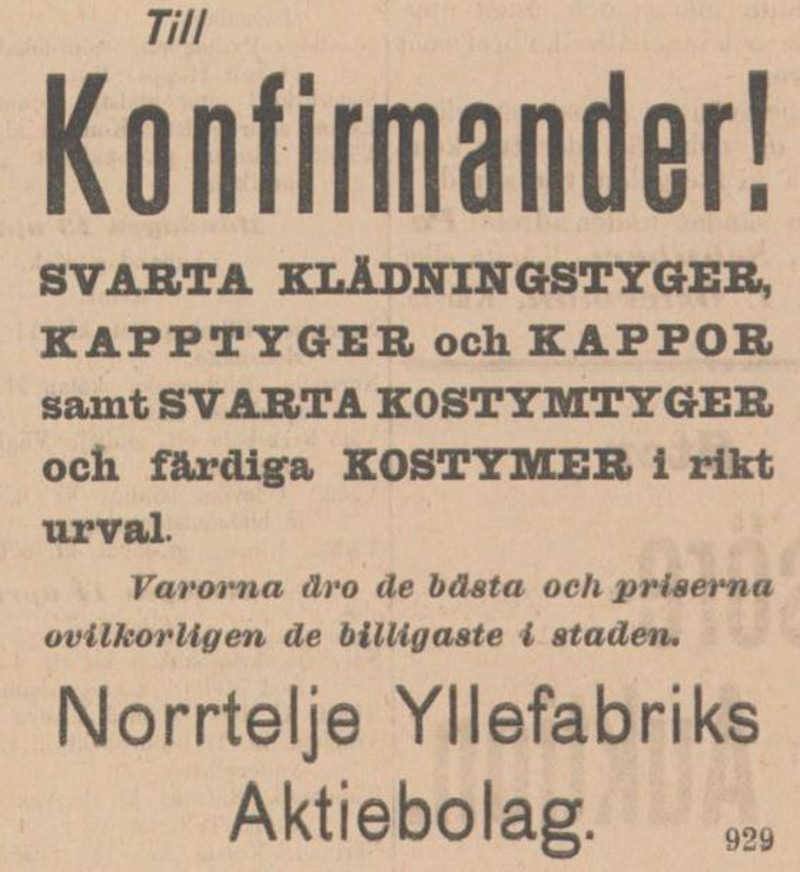 Annons från Yllefabriken från 1903. Annonsen uppmanar konfirmander att köpa sina tyger på Yllefabriken.