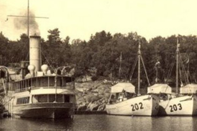 Svartvit bild på S/S Norrtelje som ligger i hamn tillsammans med flera andra mindre båtar.