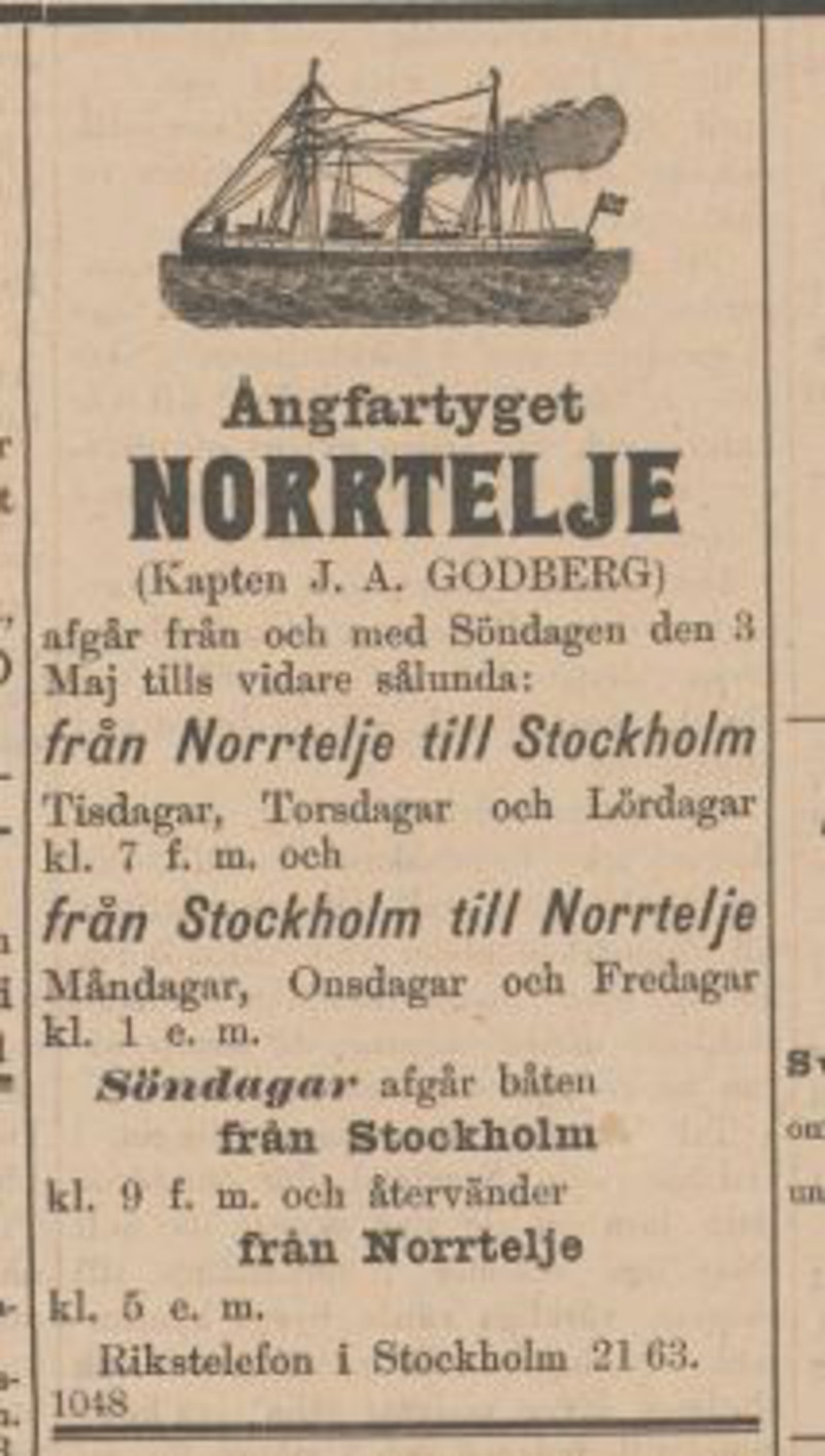 Annons från 1903. I annonsen går att läsa ångfartyget Norrteljes avgångstider.