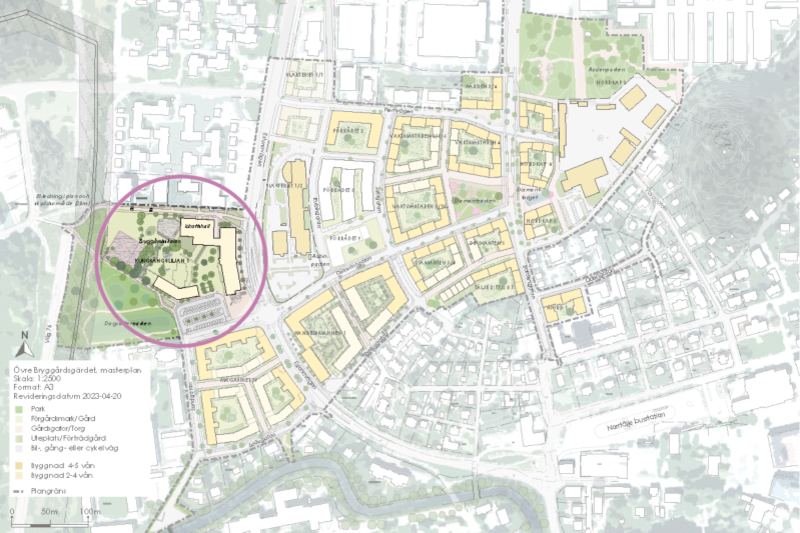 Karta över Övre Bryggårdsgärdet med kvarteret Kungsängsliljan markerat med en lila cirkel