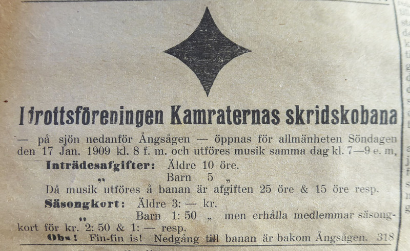 Annons från Norrtelje tidning 1909-01-16. Annonsen handlar om att skidskobanan i hamnen öppnar för allmänheten.