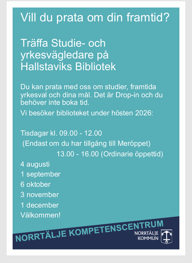 Träffa Studie-och yrkesvägledare på Hallstaviks bibliotek