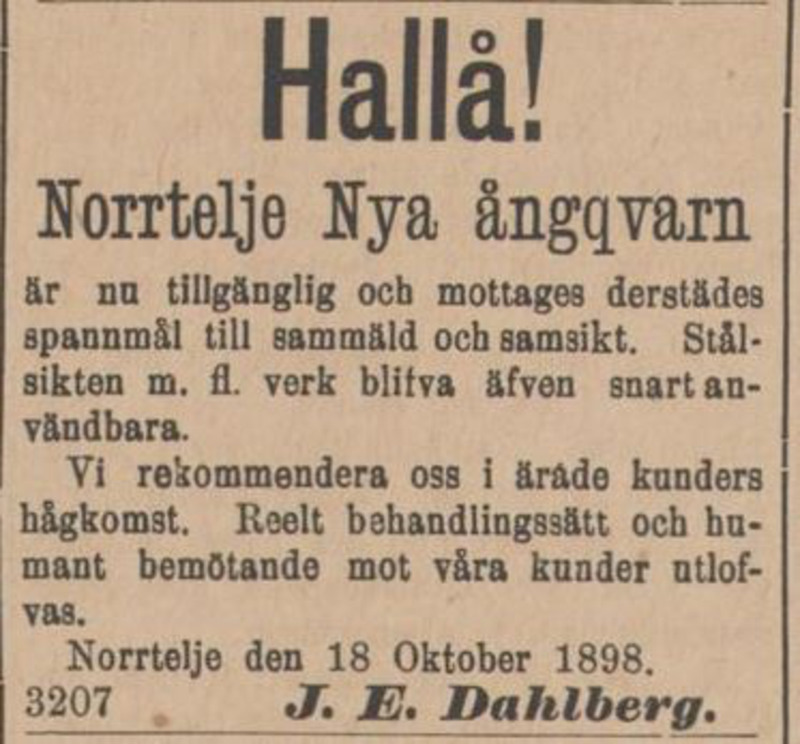 Annons från Norrtelje tidning 1898-10-19. Annonsen handlar om att Norrtelje nya ångkvarn har öppnat.