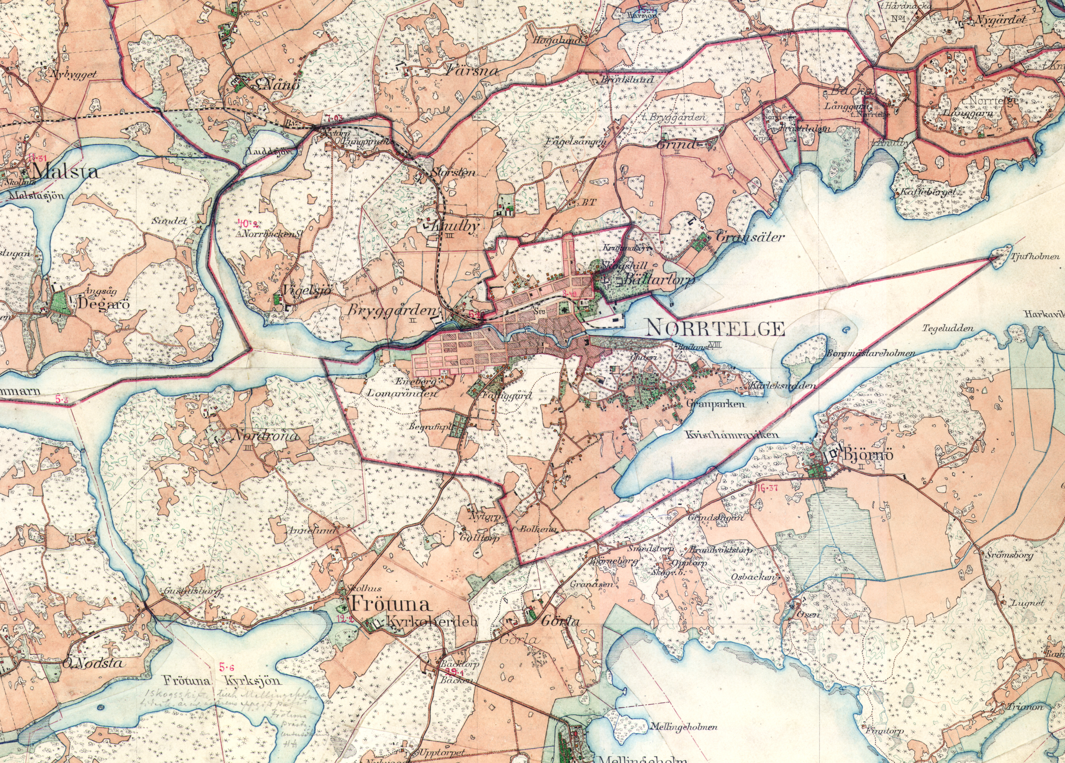 Historisk karta över norrtälje stad från cirka 1901-1906