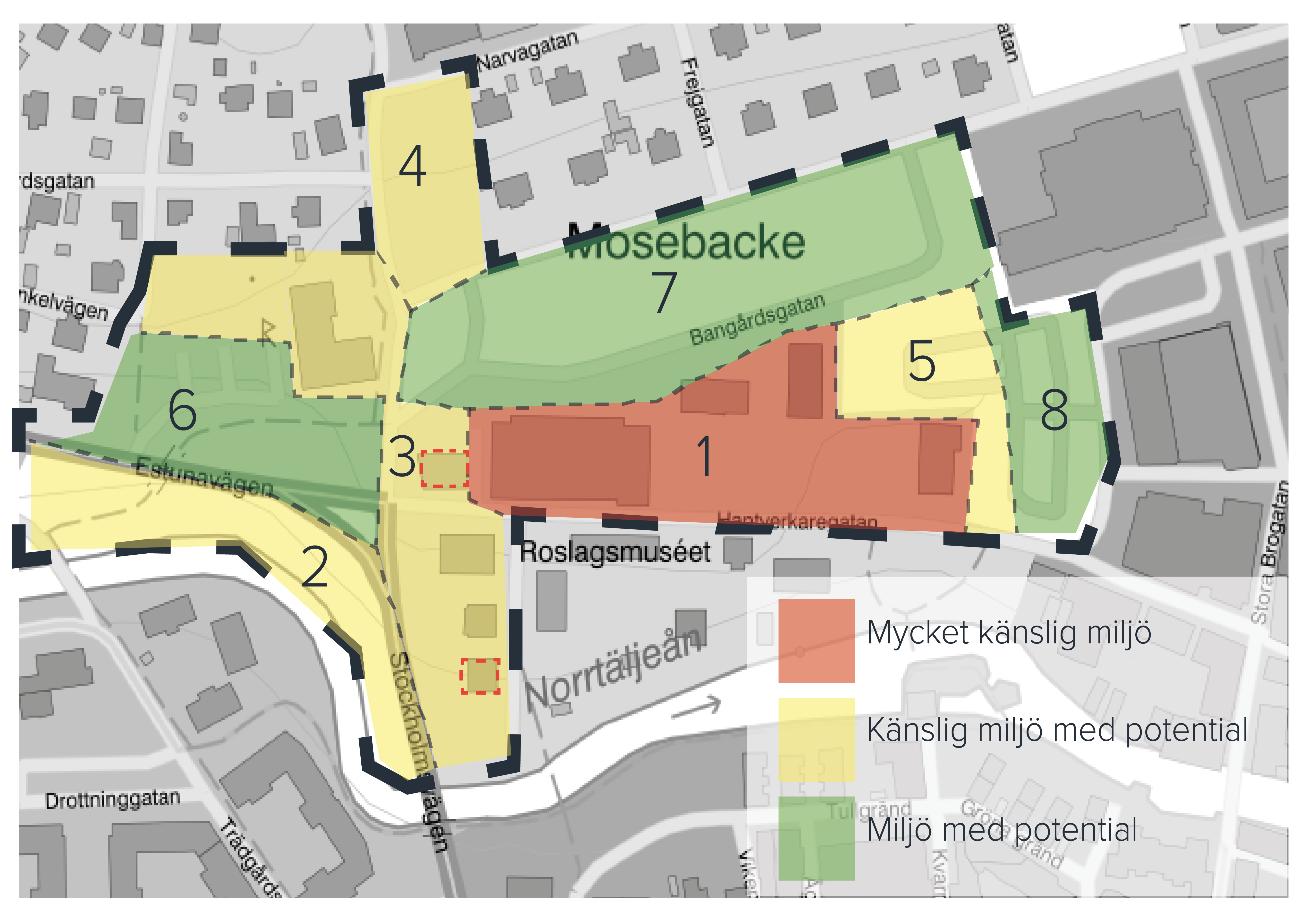 Karta med områden med olika känslighet och potential inom busstorget i norrtälje stad