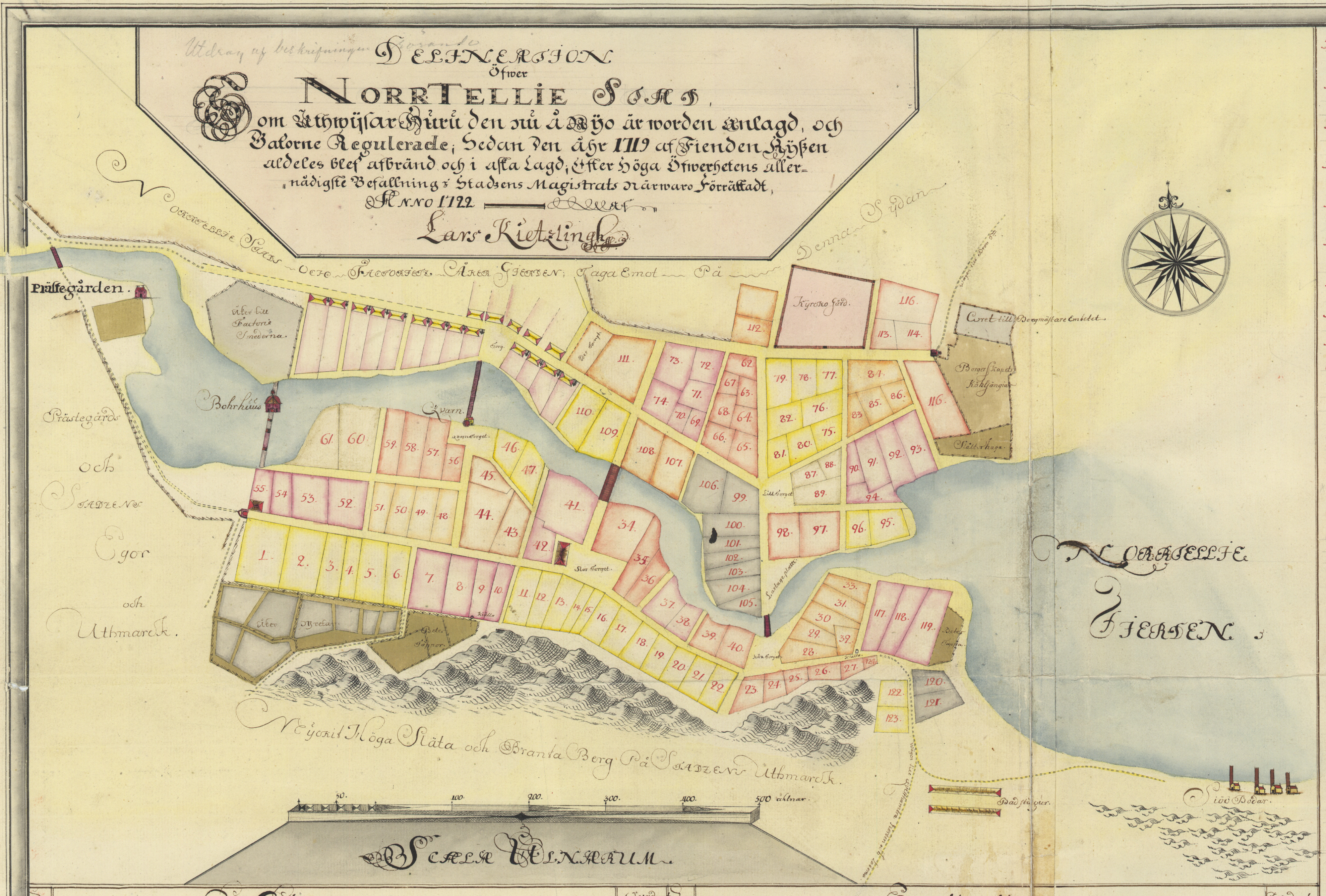 Historisk karta över Norrtälje stad från cirka 1722