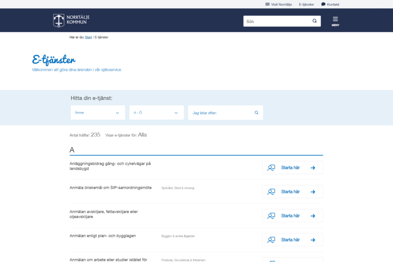 Skärmbild av hur e-tjänster såg ut innan förändringen i september 2025 då nya självservice lanserades.