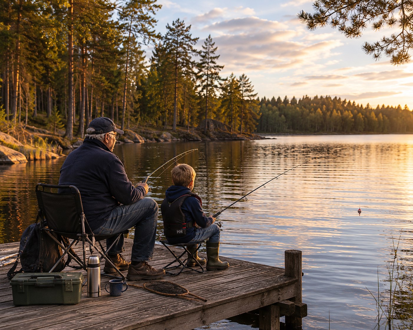 morfar och barn barn sitter och fiskar