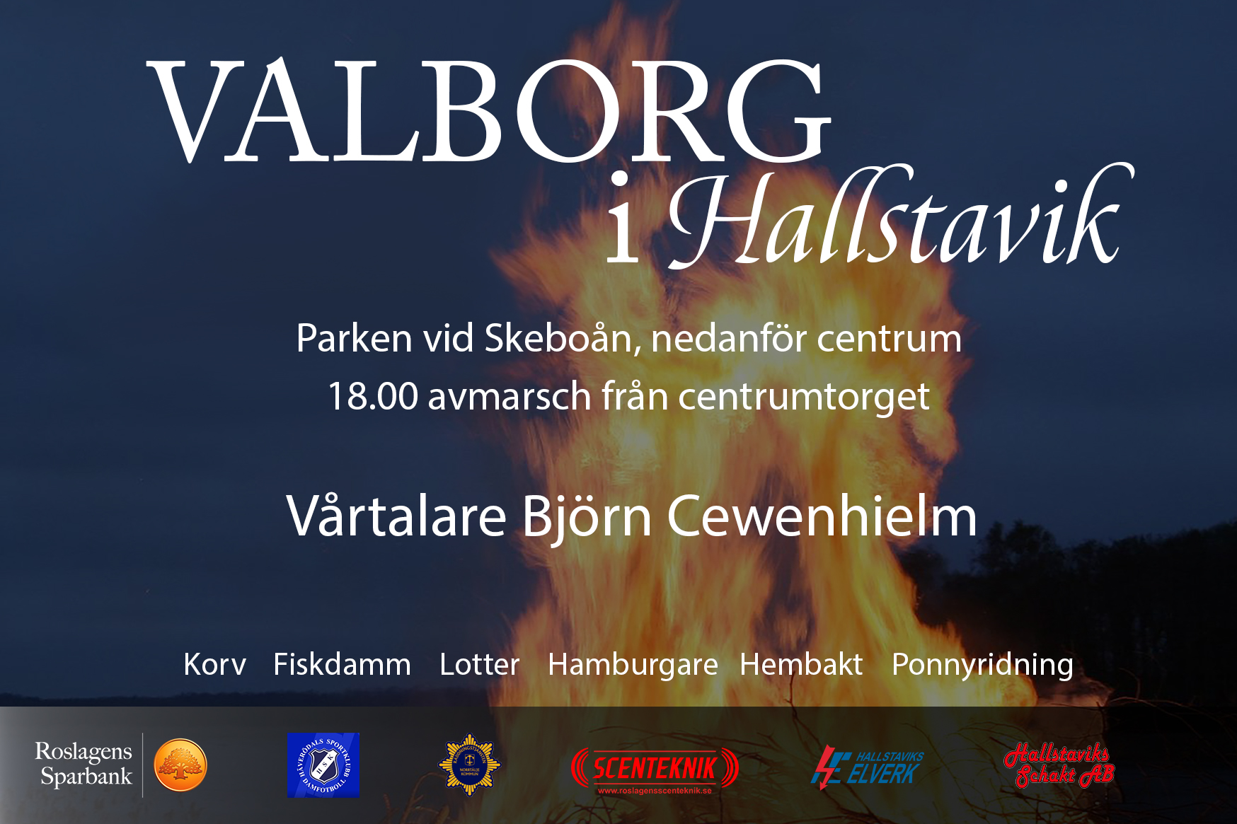 Information om tider för valborgsfirandet samt sponsorer.