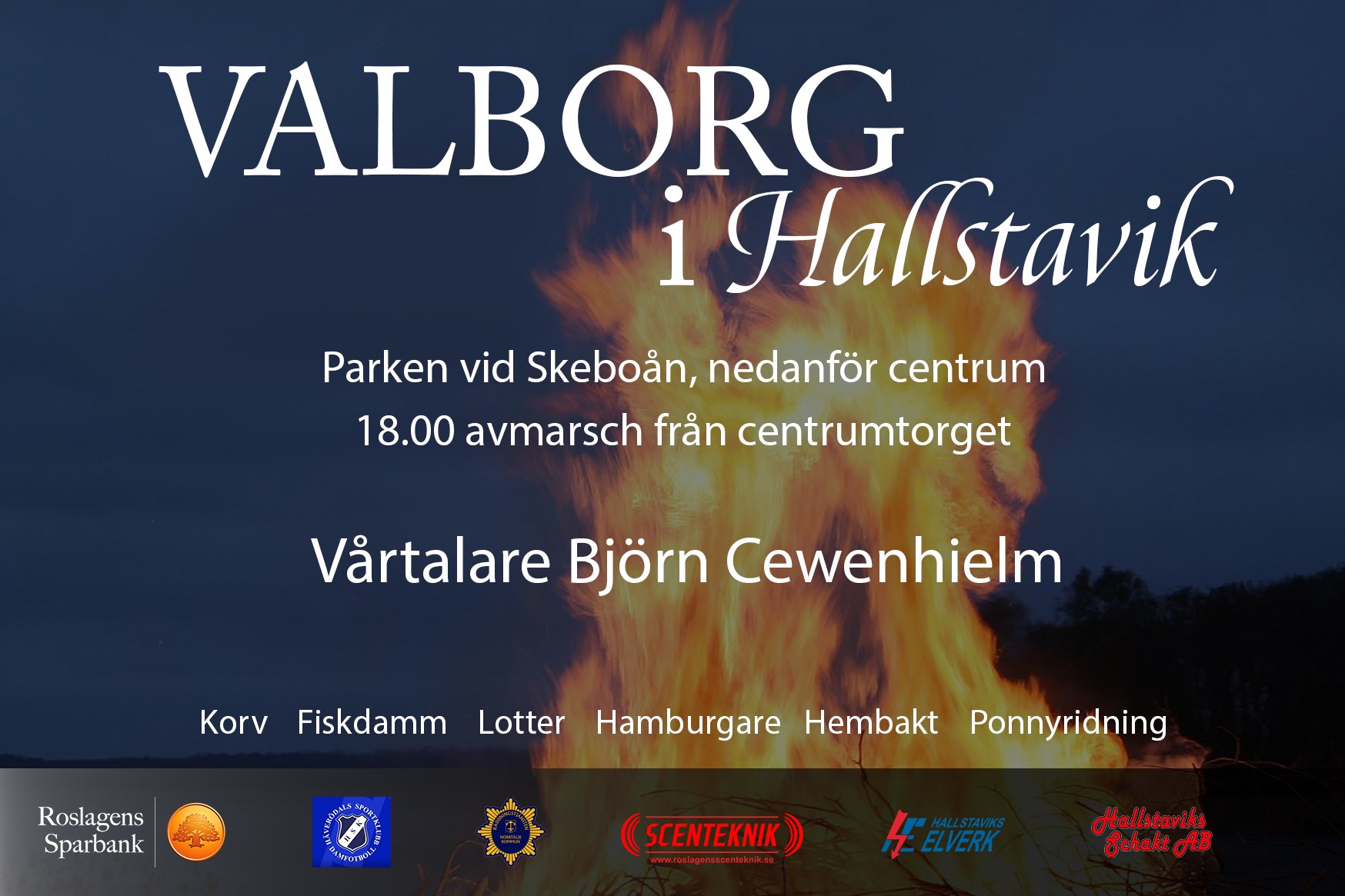 Information om tider för valborgsfirandet samt sponsorer.