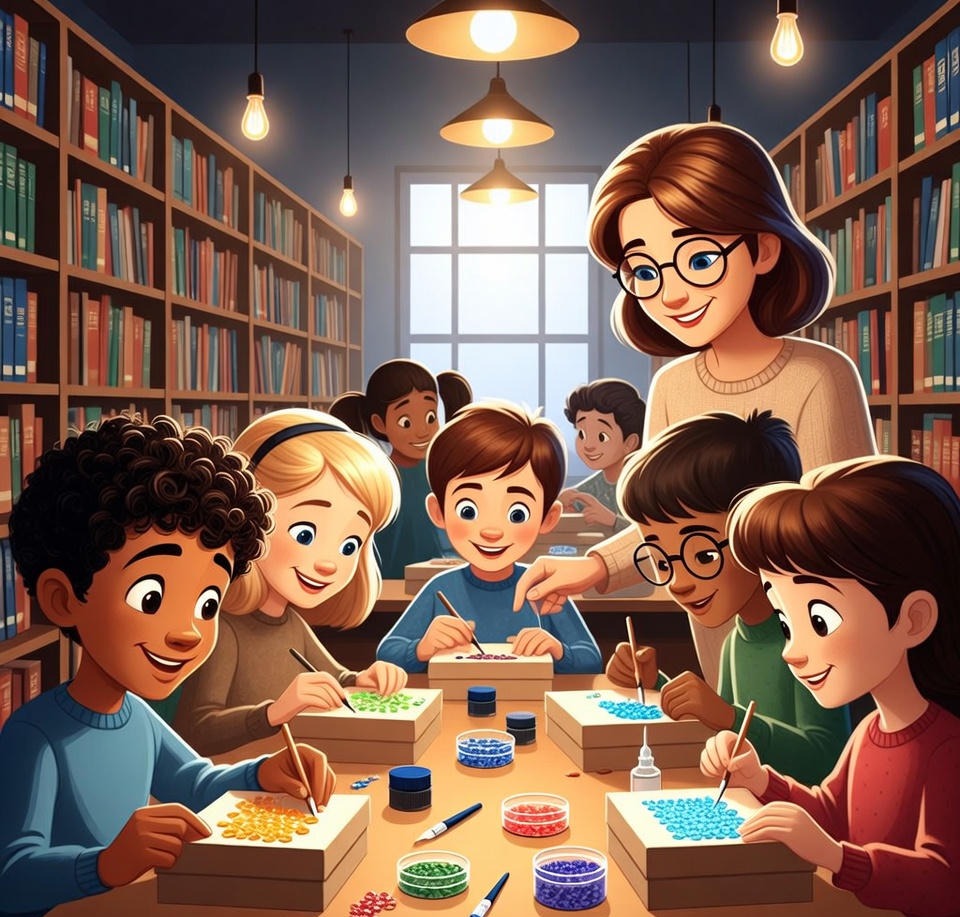 En animerad bild av en vuxen som står och hjälper barn som sitter och pysslar vid ett bord. De befinner sig inne i ett bibliotek.