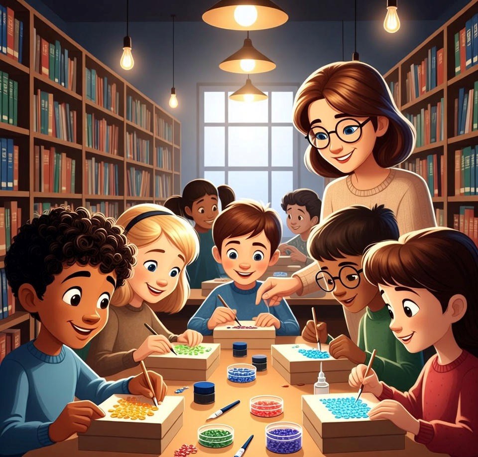 En animerad bild av en vuxen som står och hjälper barn som sitter och pysslar vid ett bord. De befinner sig inne i ett bibliotek.