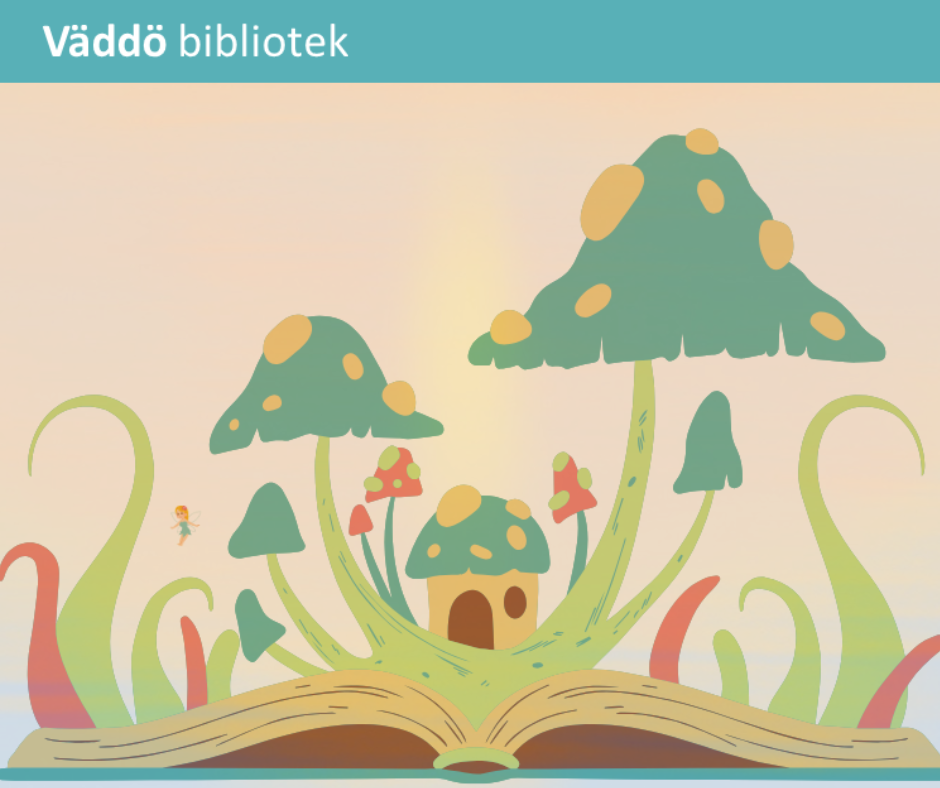 En uppslagen bok som det växer magiska svampar ur. En liten älva flyger i luften och en prinsessa står utanför en dörr till ett svamphus.