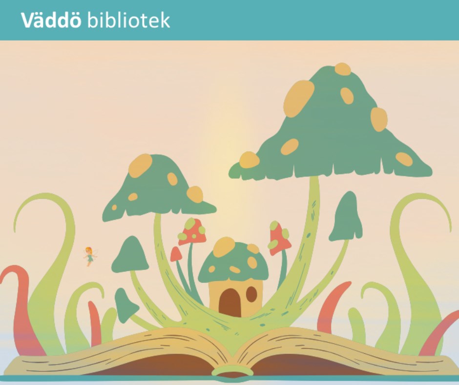 En uppslagen bok som det växer magiska svampar ur. En liten älva flyger i luften och en prinsessa står utanför en dörr till ett svamphus.