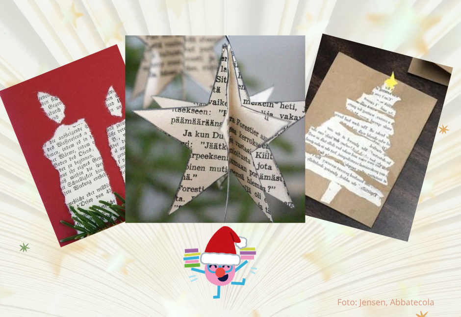 Figur med tomteluva som håller i böcker. Tre bilder på juldekorationer gjorda av tidningspapper.