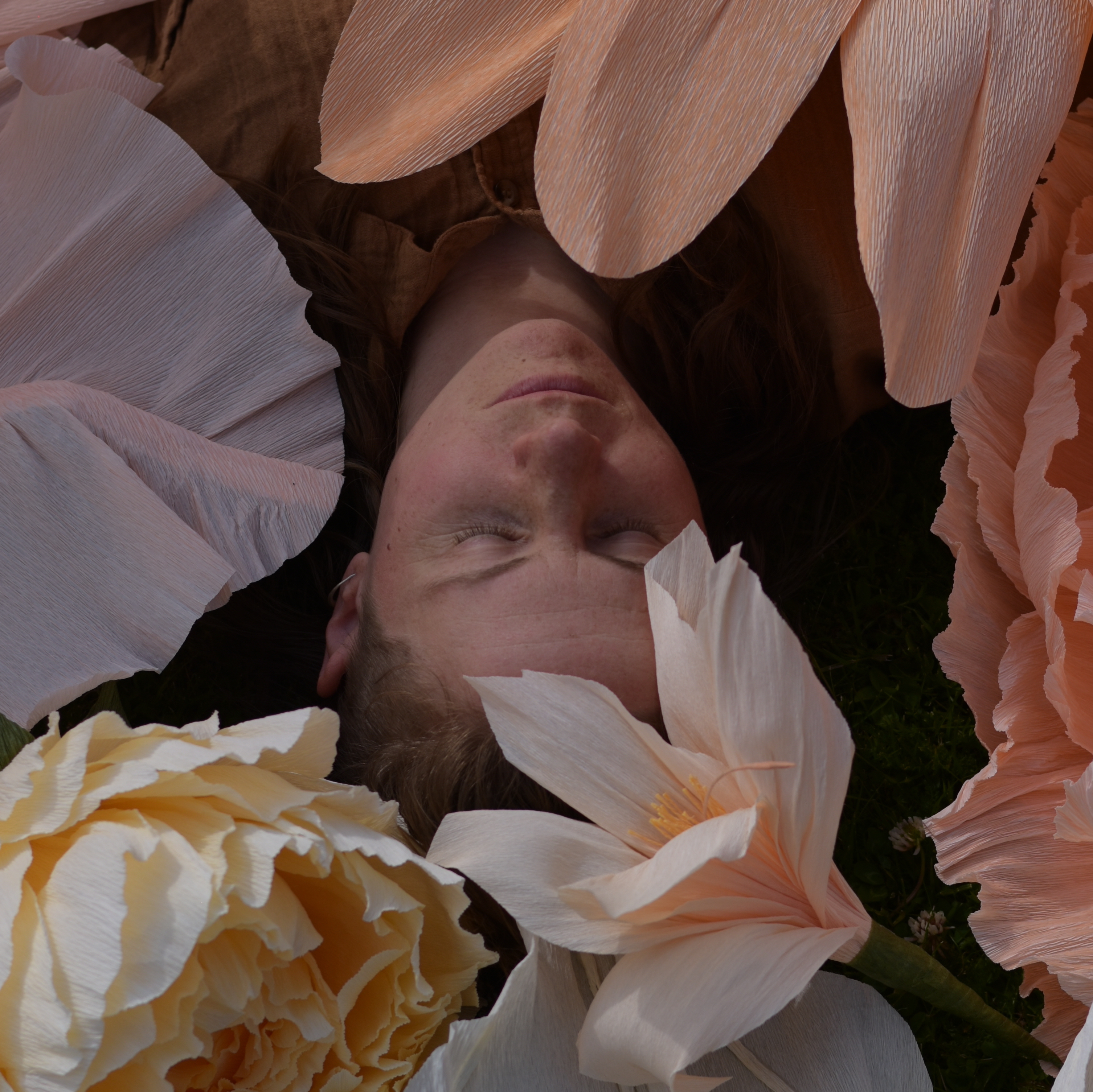 IZHAV ligger på marken, blundar, omgiven av stora blommor