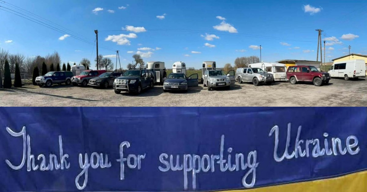  Två sammanslagna bilder. Uppradade bilder med släp samt en Ukrainsk flagga med texten "Thank you for supporting Ukraine".