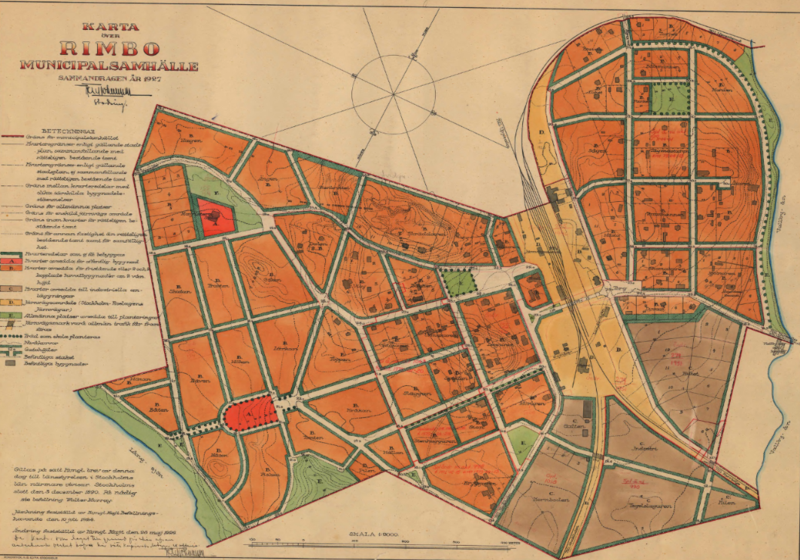 Kartutsnitt Stadsplan för Rimbo municipalsamhälle från år 1920