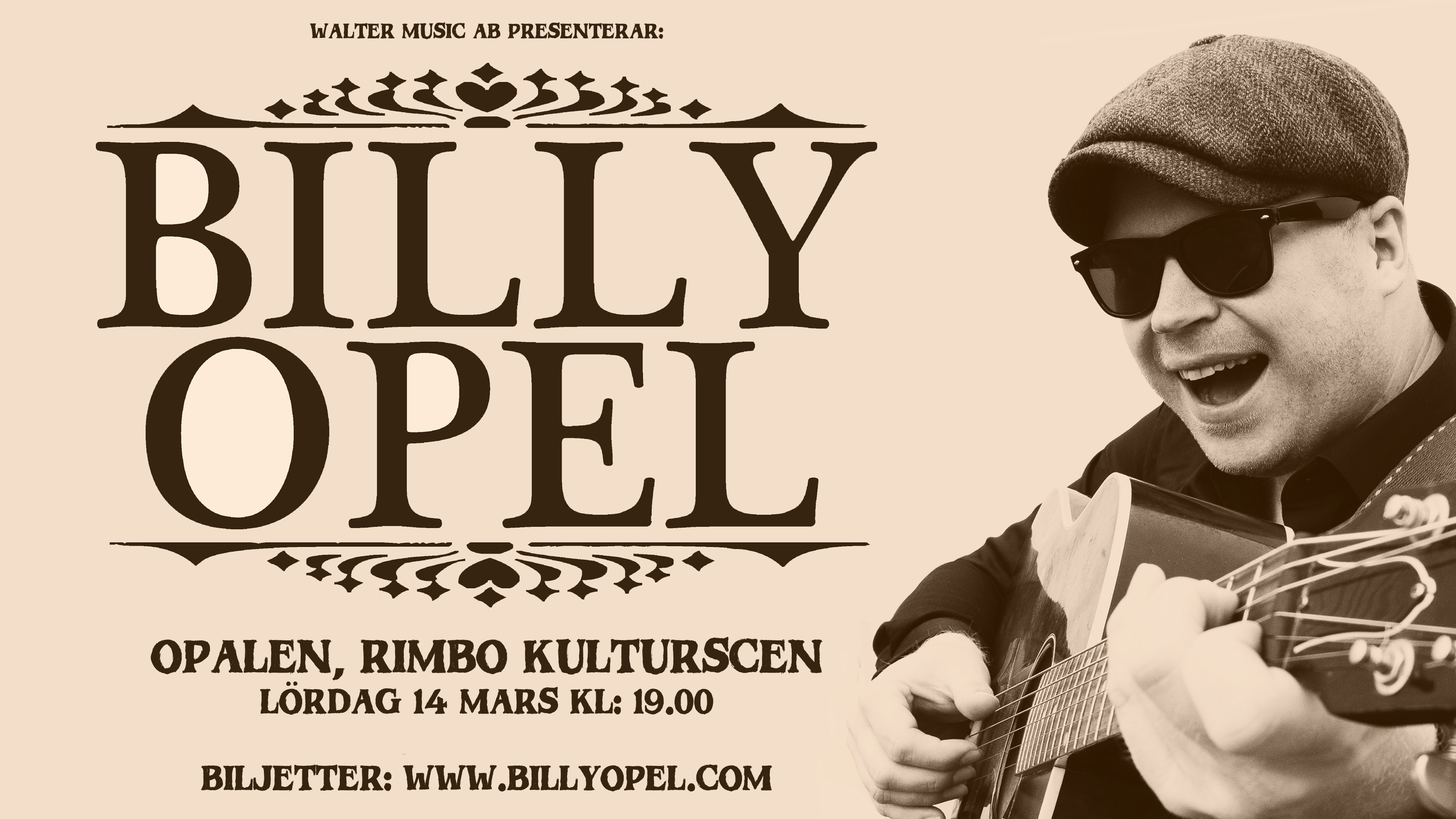Texten Billy Opel på Opalen, Rimbo Kulturscen förkunnar besök där den 14 mars kl 19.00