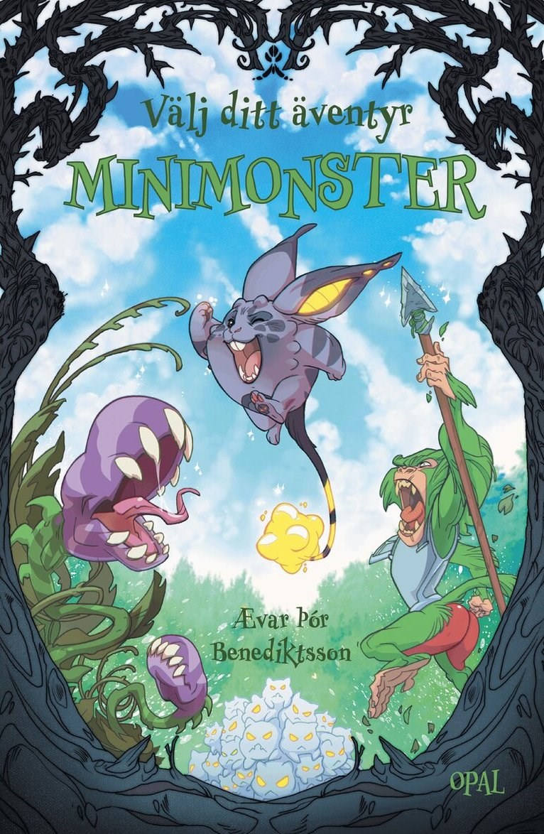 Bild på bokomslaget till minimonster. En lila kanin med långa öron och glödande svans hoppar och är jagad av en grön apa med spjut i handen.