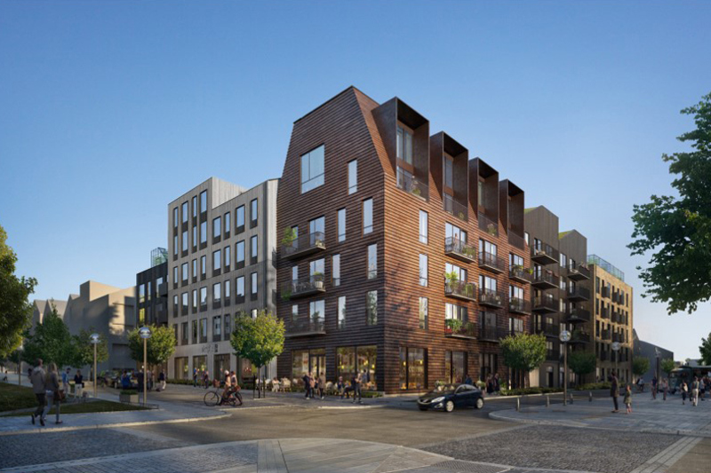 Illustration över Slättös trähusprojekt som byggs i Norrtälje Hamn