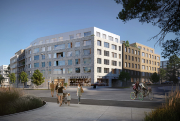 Visionsbild över kvarteret Rödalen, ett grått, beige och brunt trähus i 4-6 våningar.