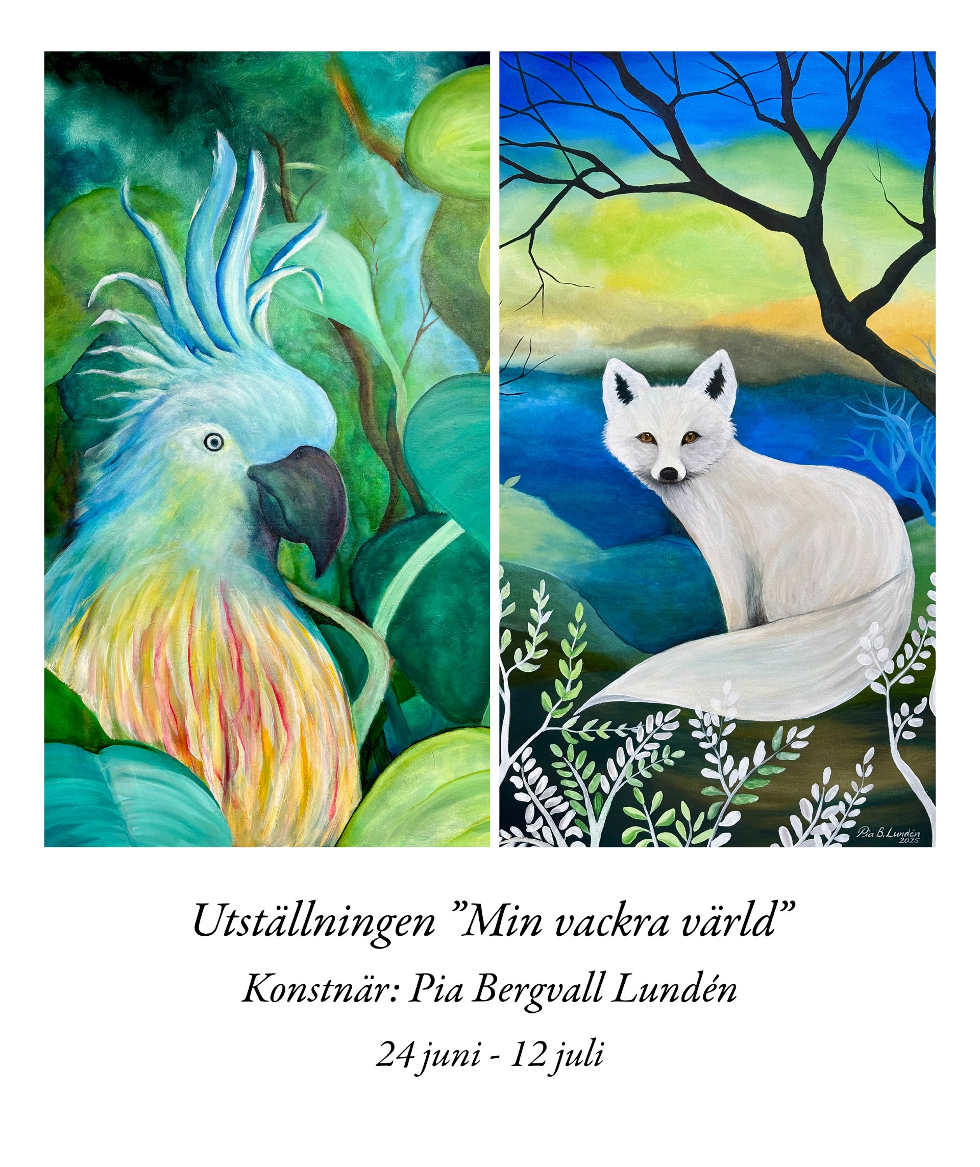 Foto från utställningen föreställande en ara och en vit räv i fantasivärld.