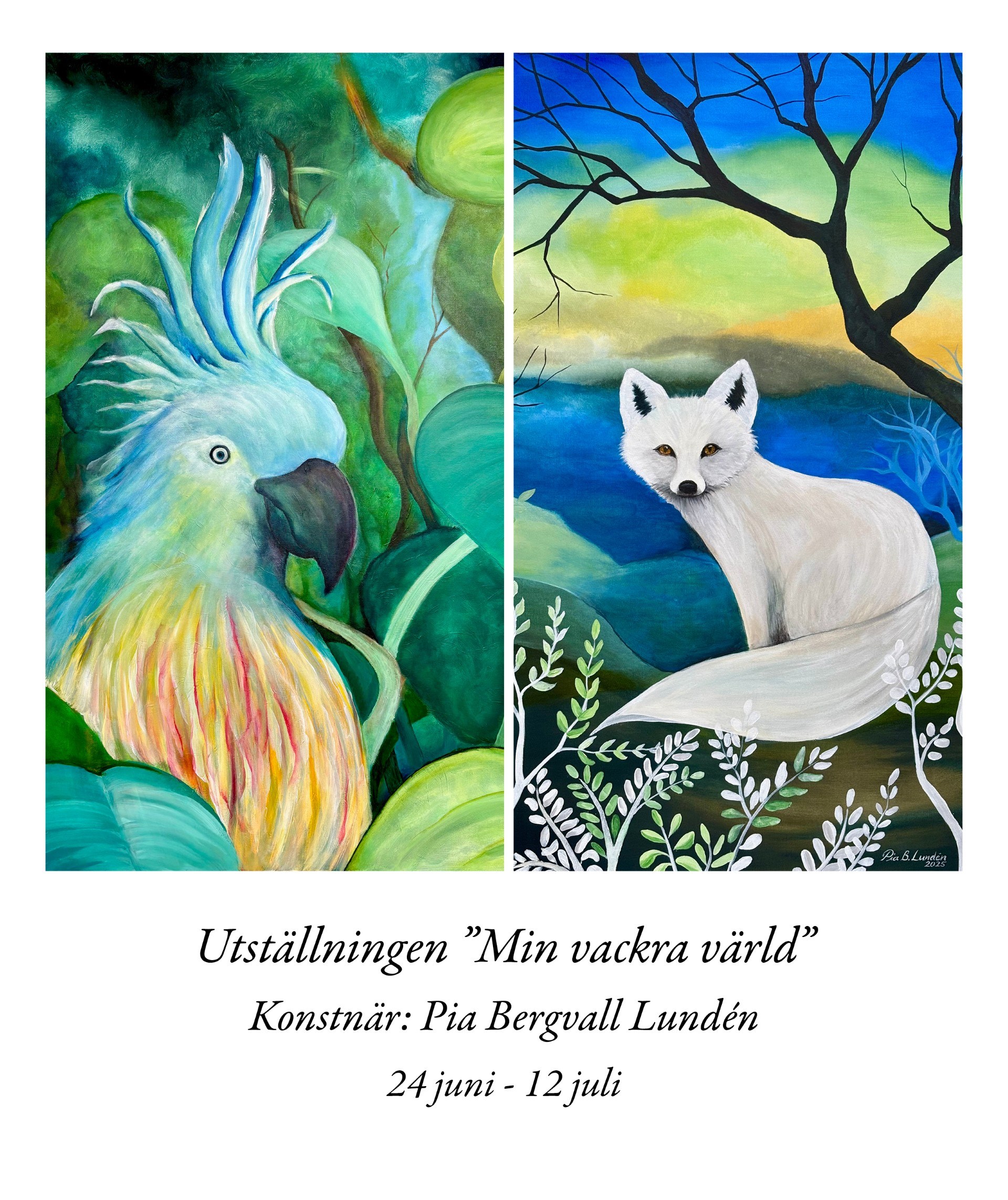 Foto från utställningen föreställande en ara och en vit räv i fantasivärld.