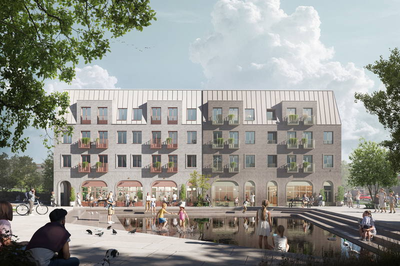 Visionsbild &ouml;ver ett torg med en plaskdamm d&auml;r det leker barn. Bakom torget syns ett flerv&aring;ningshus med stora f&ouml;nster i bottenv&aring;ningen.