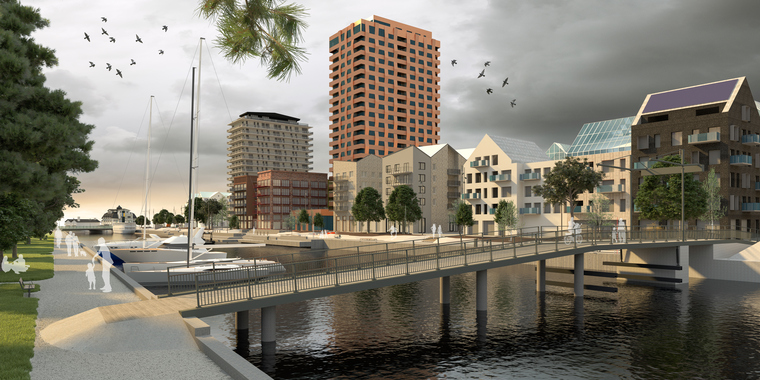 Illustration av bron Havslänken som binder samman Societetsparken med Norrtälje hamn.Sydväst arkitektur och landskap