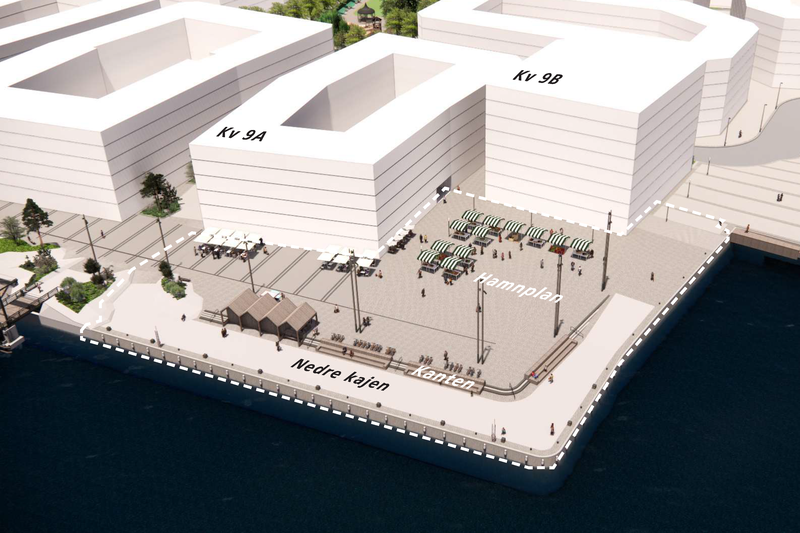 Illustration av hamnplan med omgivande kvarter och den nedre kajen