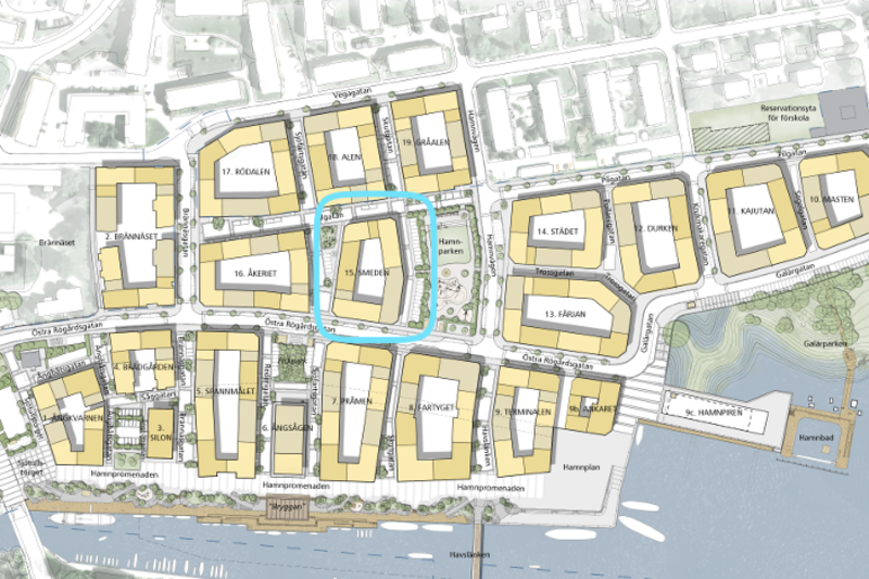 Skiss över kvartersindelningen i Norrtälje hamn