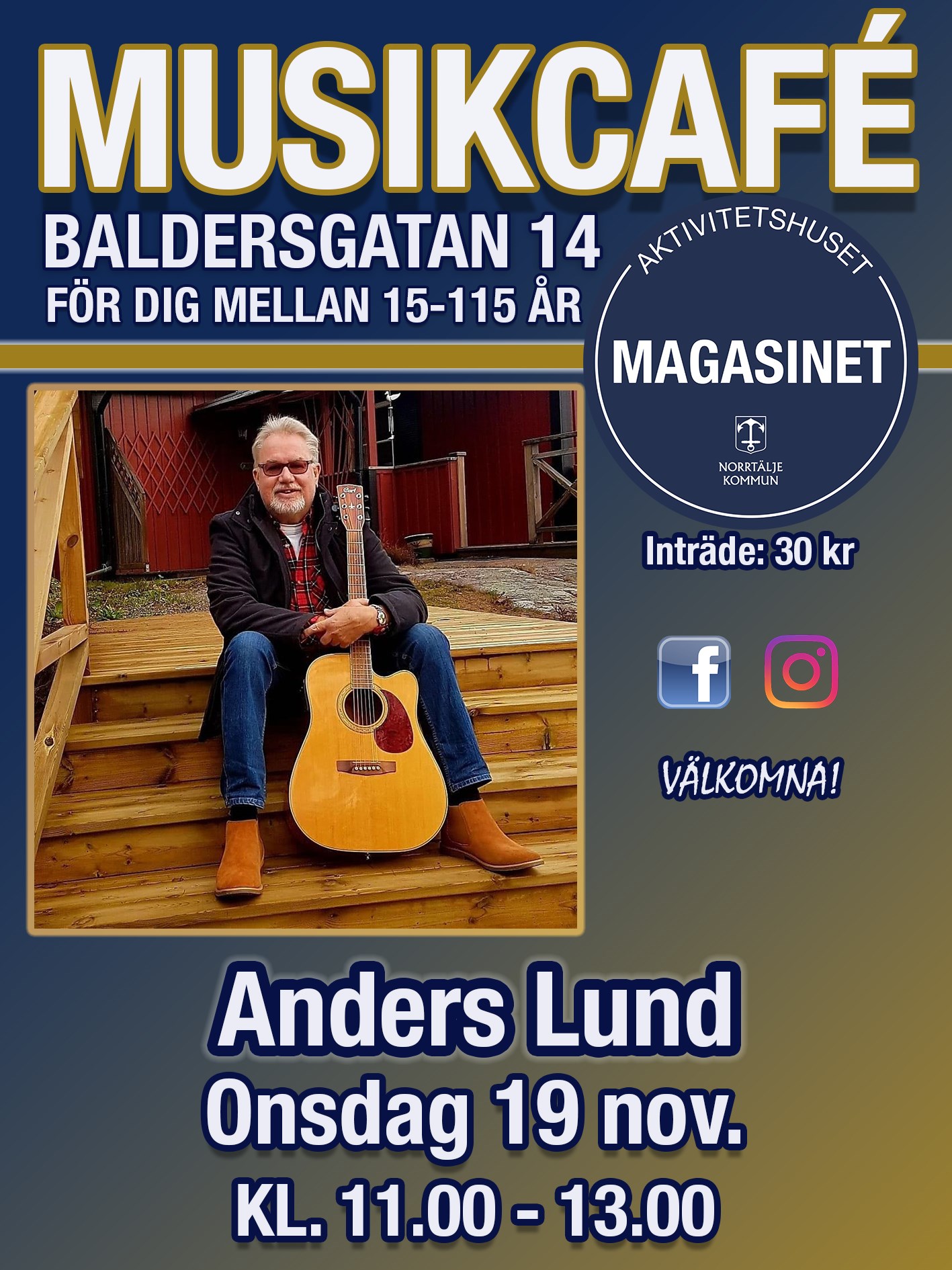 En bild på artisten Anders Lund som sitter på en trätrappa utomhus hållandes i sin gitarr.