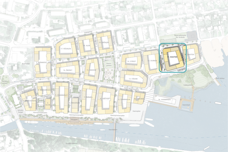 Karta över Norrtälje hamn med kvarter 11 markerat i blått