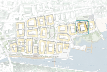 Karta över Norrtälje hamn med kvarter 11 markerat i blått