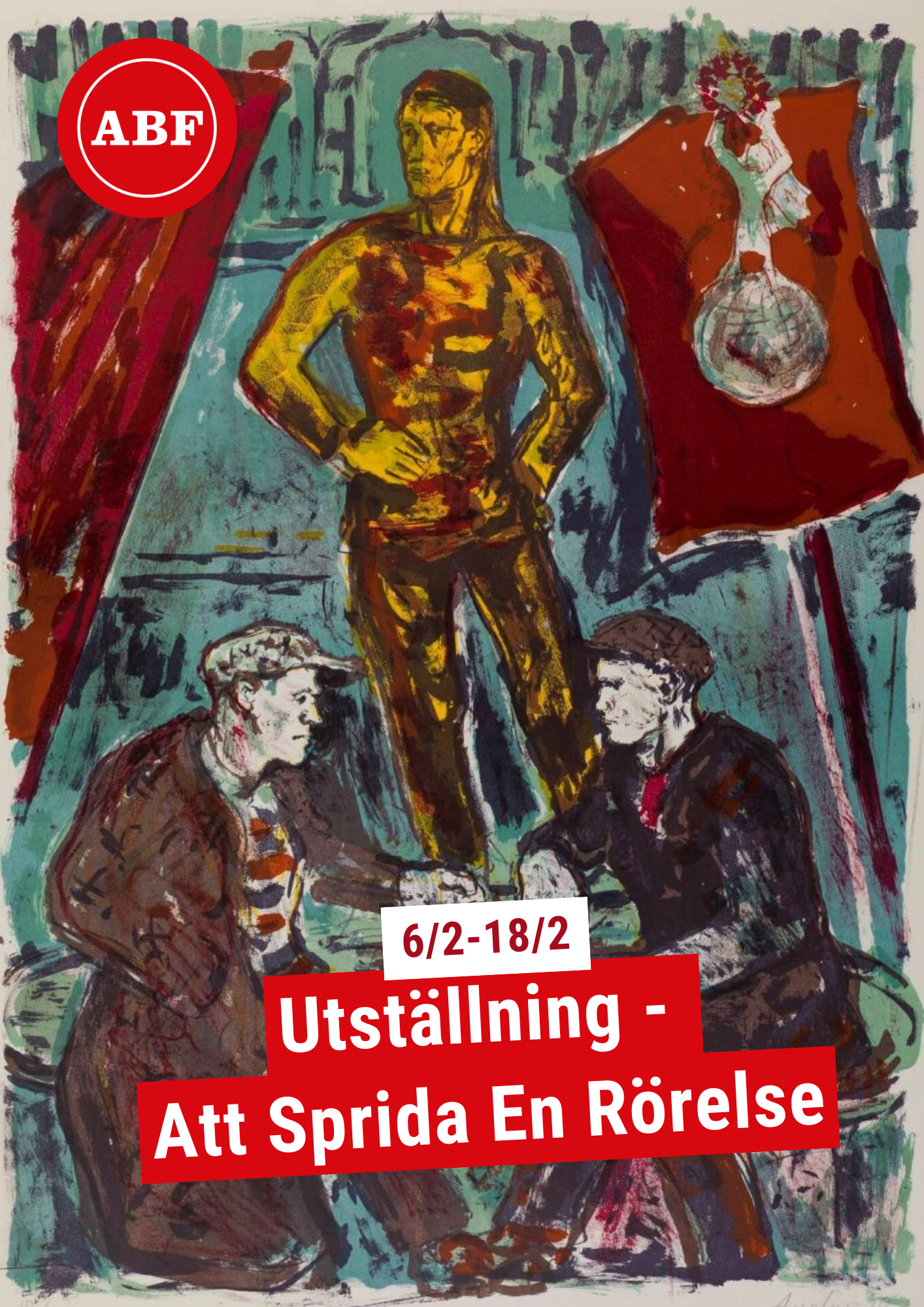 En litografi av konstnären Albin Amelin föreställande två arbetare som sitter och diskuterar framför en skulptur och röda fanor.