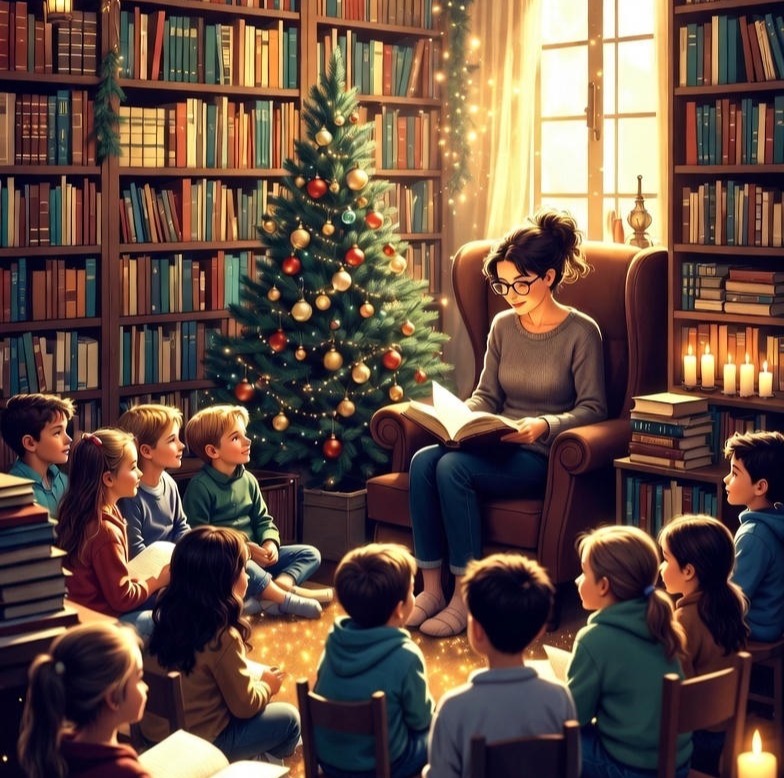 En bibliotekarie sitter i en fotölj i ett bibliotek och läser för en grupp barn som lyssnar. Bredvid står en julgran.