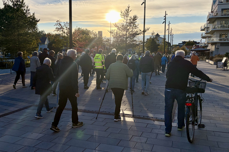 Folksamling går guidad tur på Hamnpromenaden