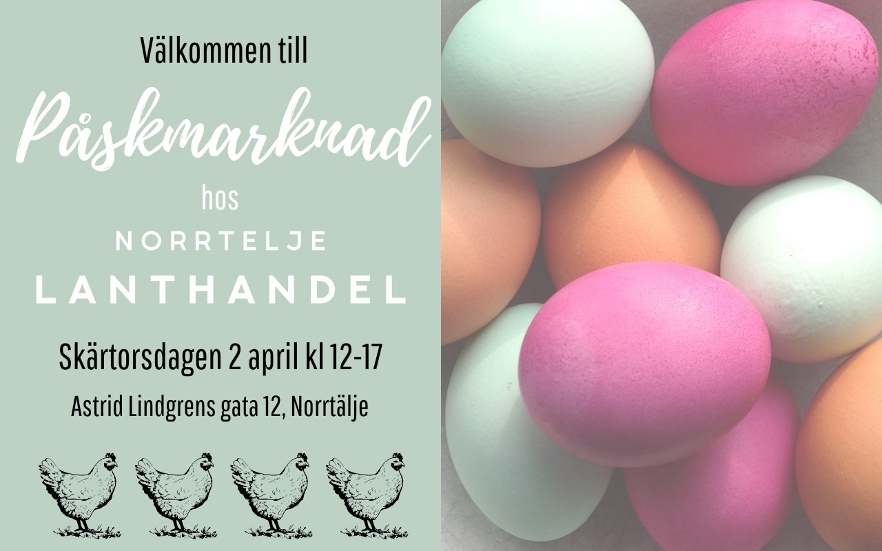 Inbjudan till påskmarknad samt bild på färgglada ägg och hönor.