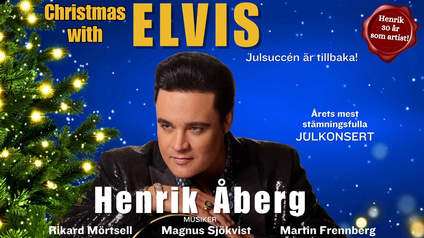Henrik Åberg, väldigt lik Elvis Presley ser in i kameran. 