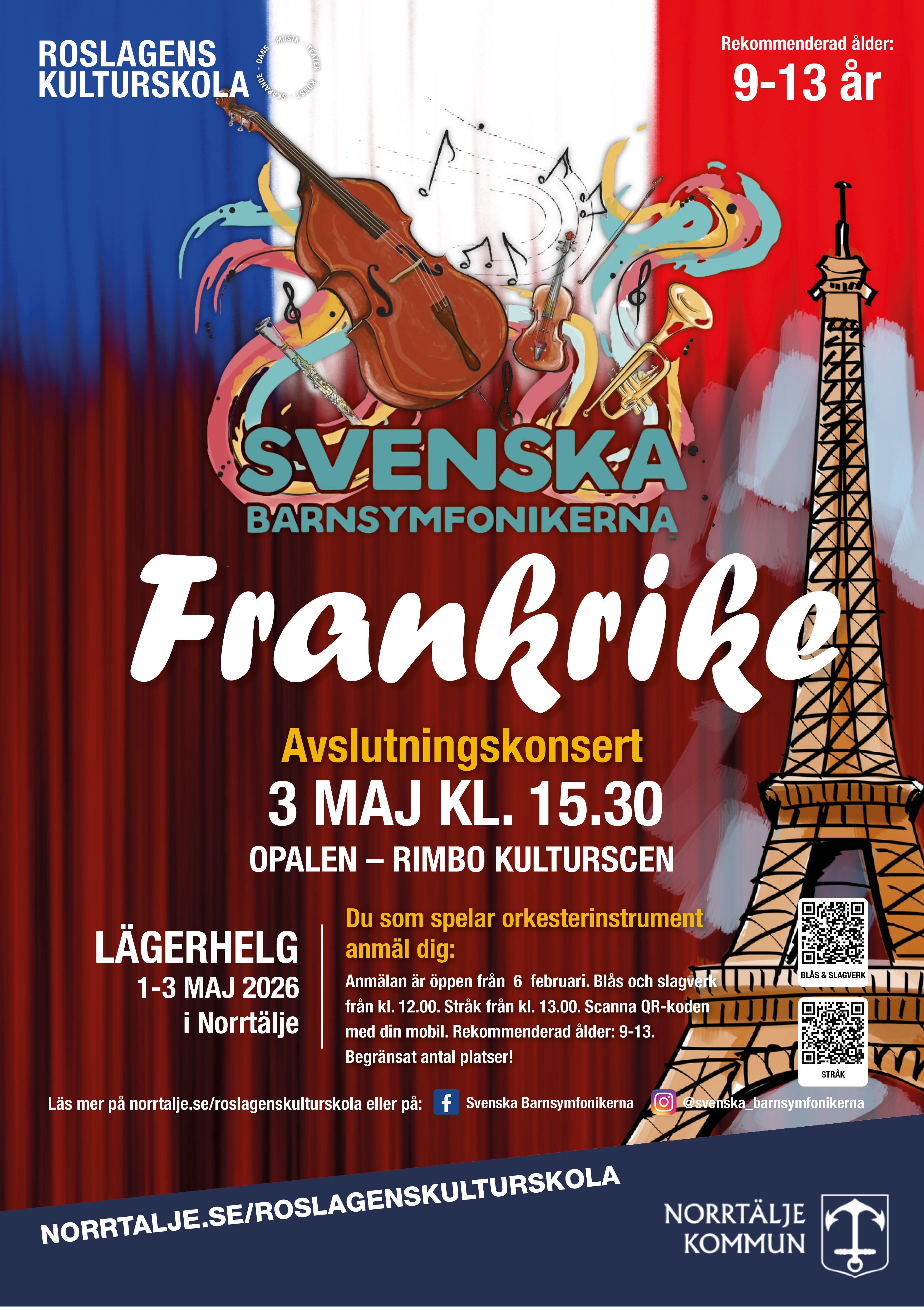 Svenska Barnsymfonikerna logotype med orden Frankrike och en bild på Eiffeltornet i bakgrunden. 