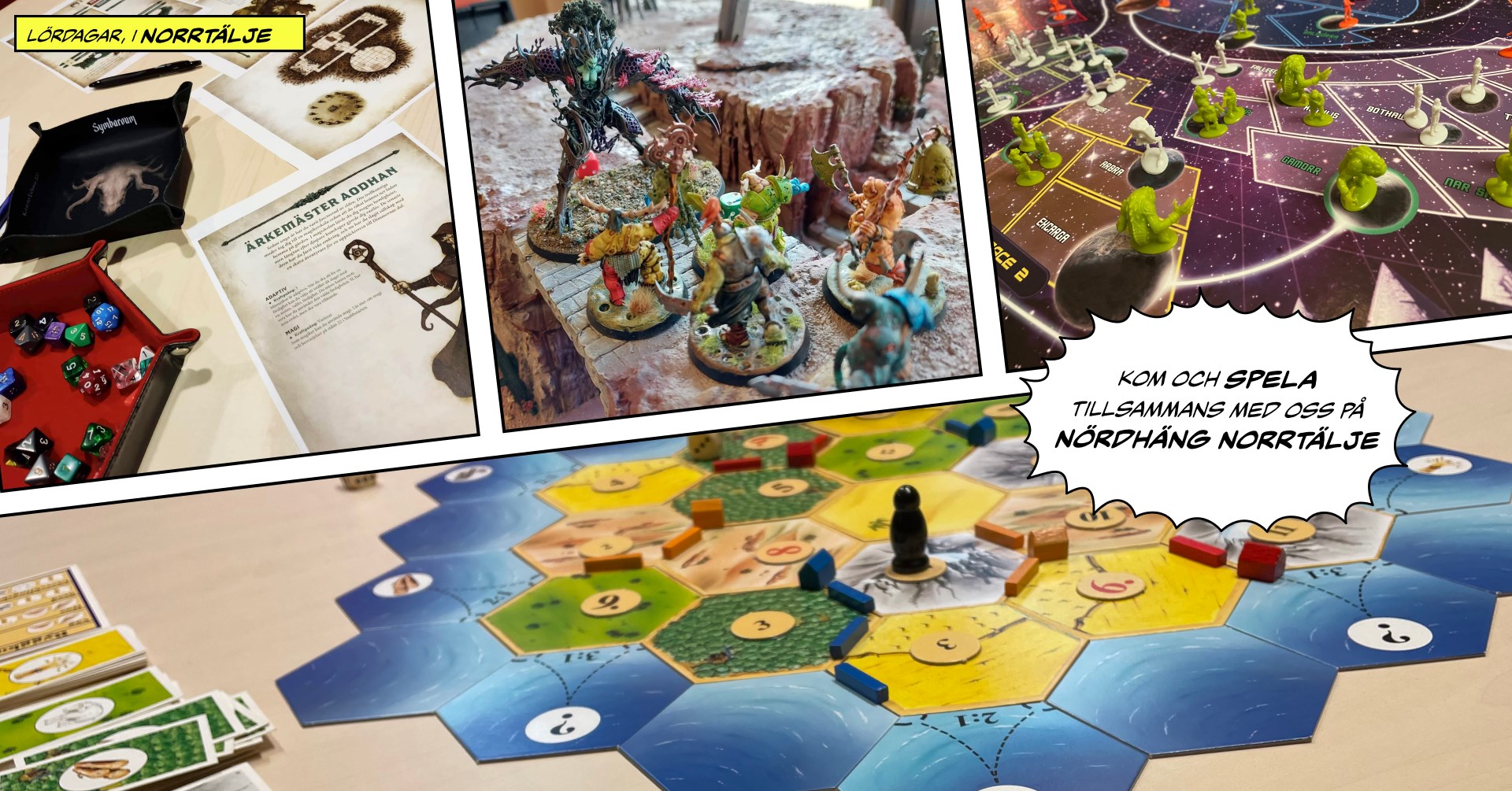 Bild med olika spel och en uppmaning att komma till föreningens träffar