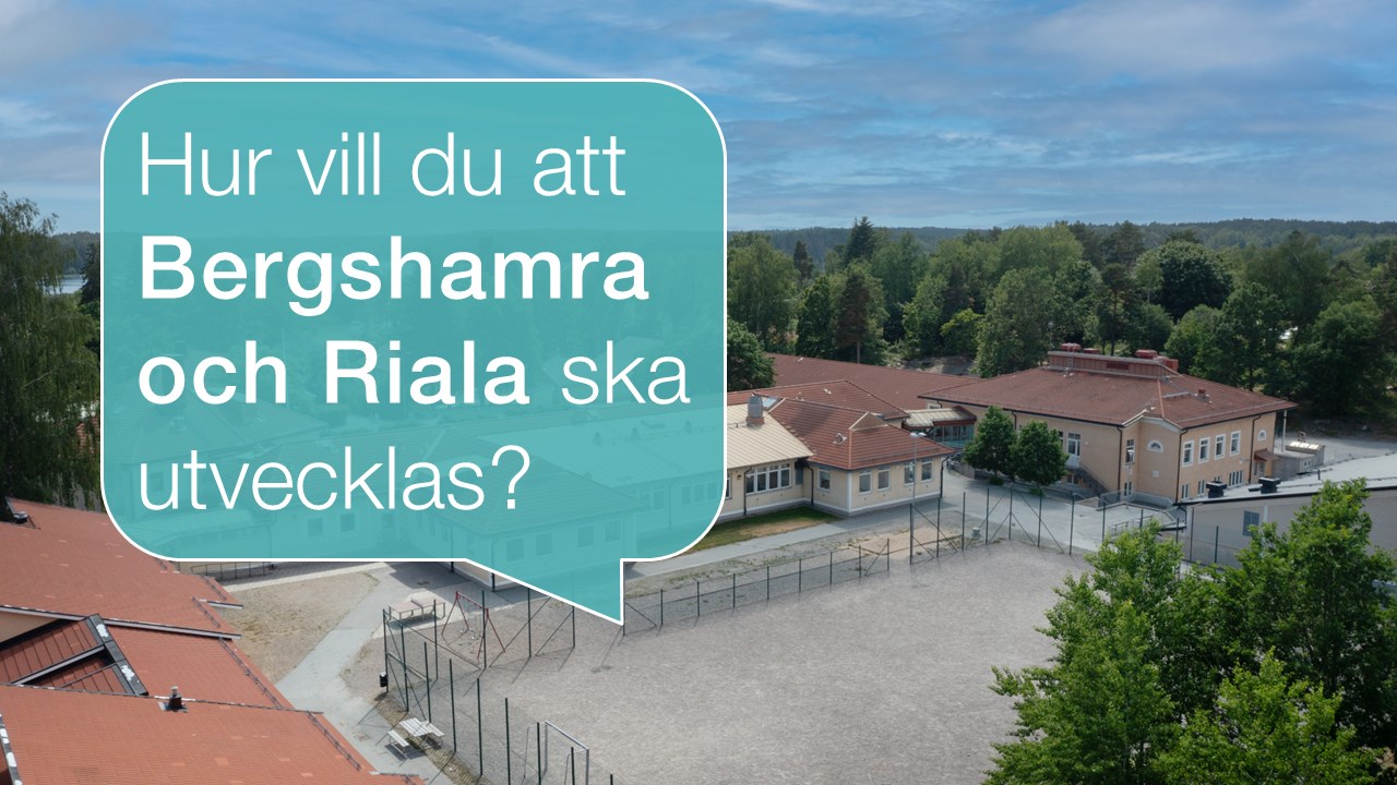 Bild på Länna skola i bakgrunden, framför husen är ett pratbubbla som säger "Hur vill du att Bergshamra och Riala ska utvecklas?"