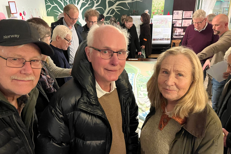 två män och en kvinna tittar in i kameran och ler. I bakgrunden syns fler människor och modellen för centrala rimbo