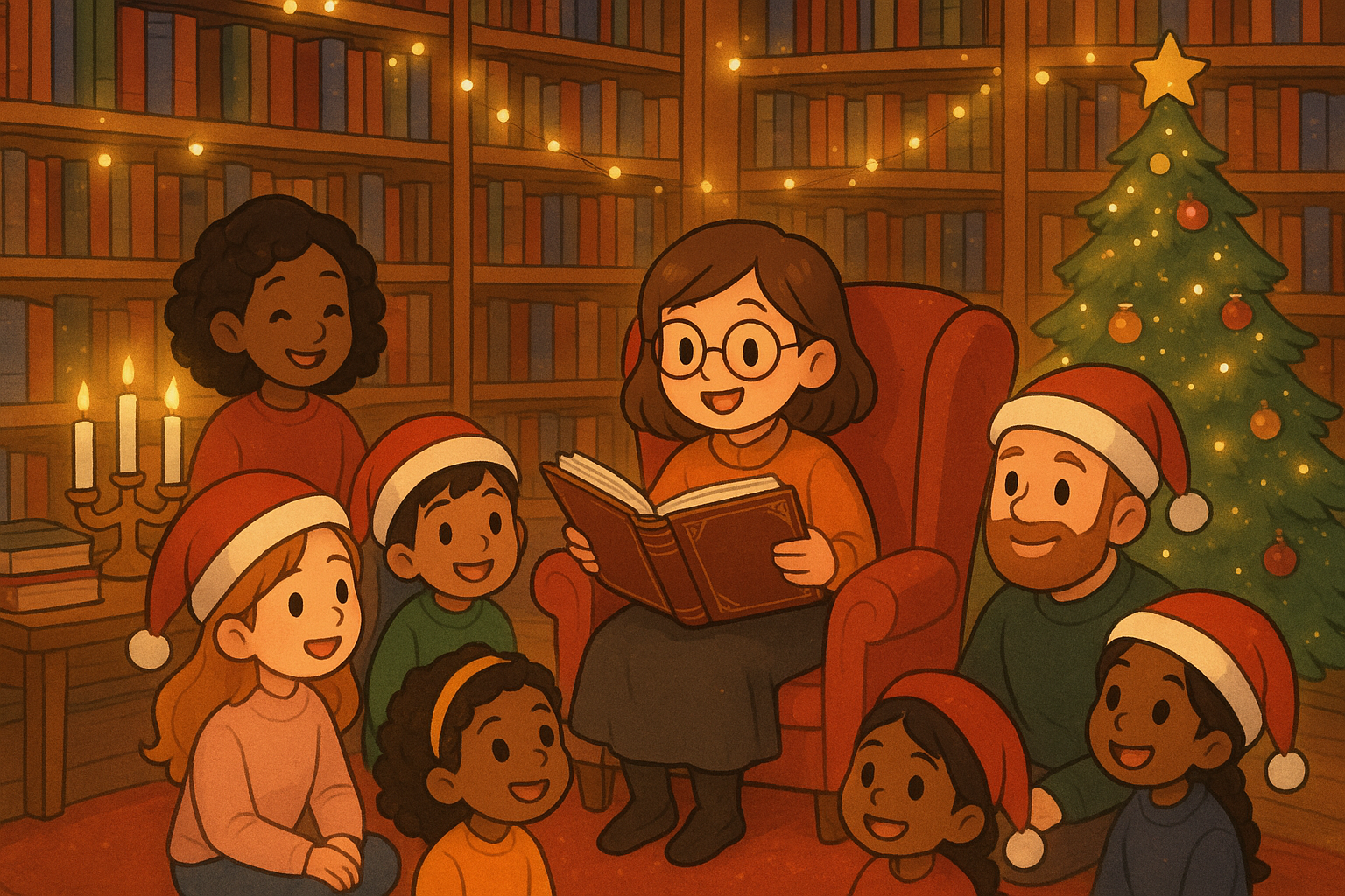 Människor lyssnar på en kvinna som läser högt ur en bok