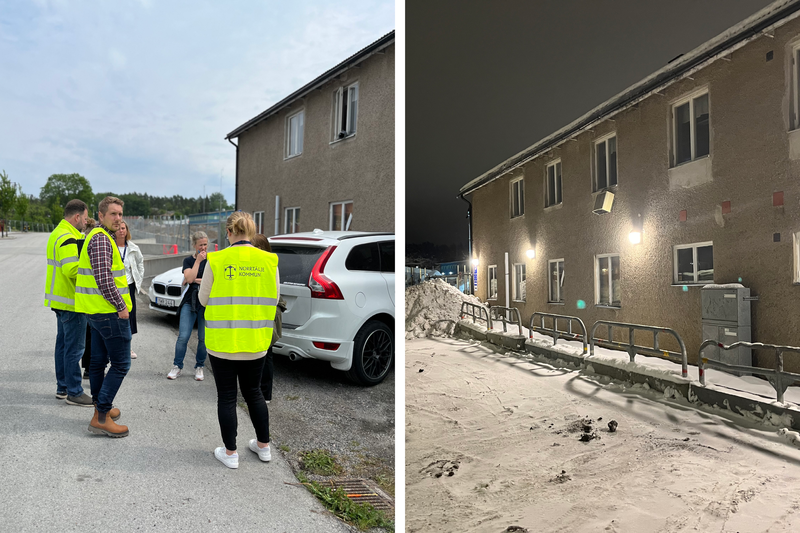 Personer som står utanför en byggnad utan belysning. Samma byggnad efter att belysning har satts upp.