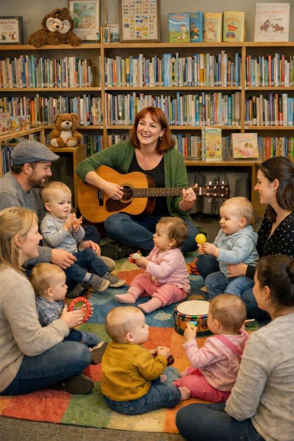 Kvinna som leder sångstund med gitarr. Vuxna med småbarn på en matta. Bokhyllor i bakgrunden.