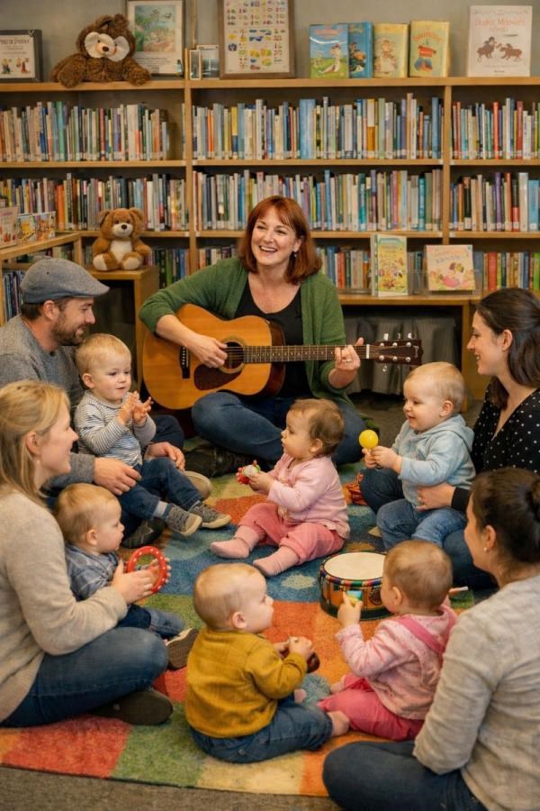 Kvinna som leder sångstund med gitarr. Vuxna med småbarn på en matta. Bokhyllor i bakgrunden.