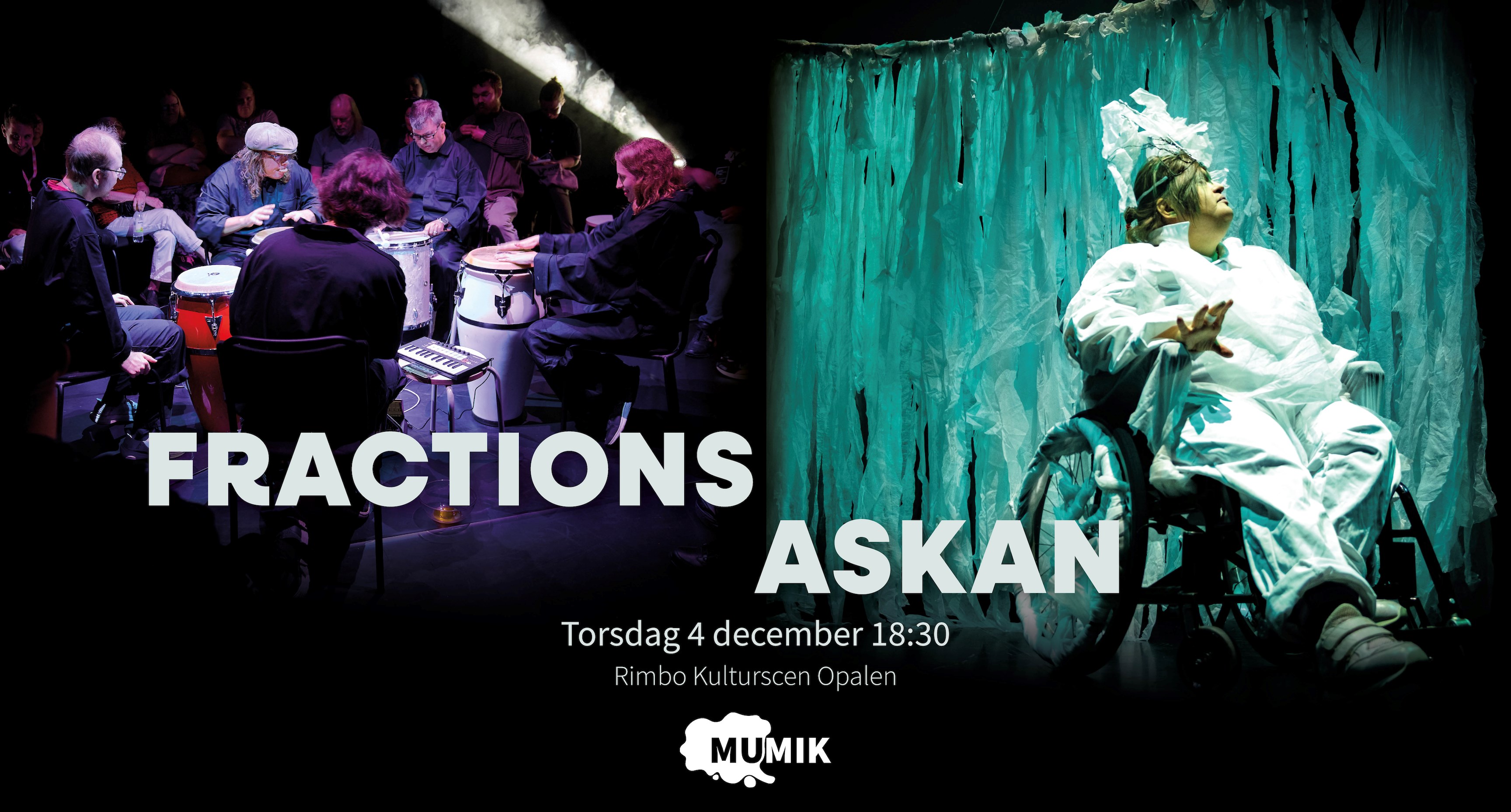 Till vänster sitter människor iklädda overaller i en cirkel och spelar trummor. De är omgivna av publik. Till höger ser vi en kvinna i vitoverall som sitter i en rullstol. På huvudet bär hon en krona med vitta tyger i. I bakgrunden hänger rivna vita tyger. 