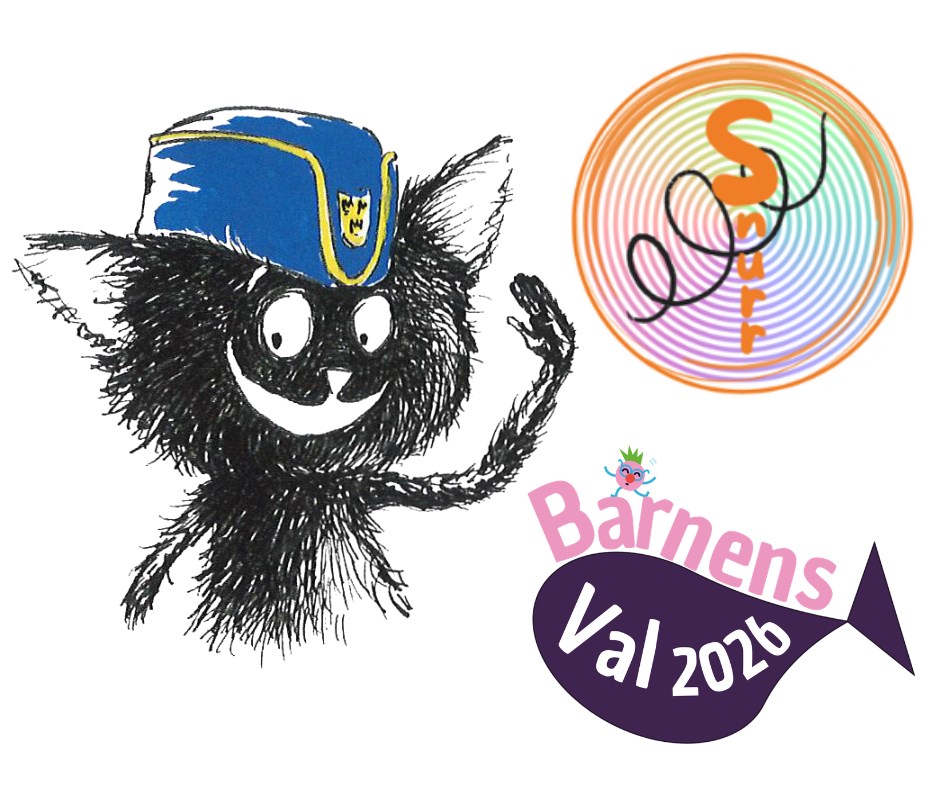Katten Snurran i polis mössa. Bredvid henne syns partiloggan för Snurrpartiet och loggan för Barnens Val 2026.